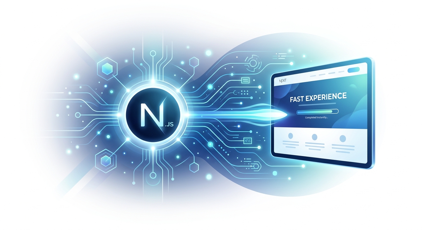 A glowing, high-tech abstract representation of Next.js server-side rendering and lightning-fast website performance