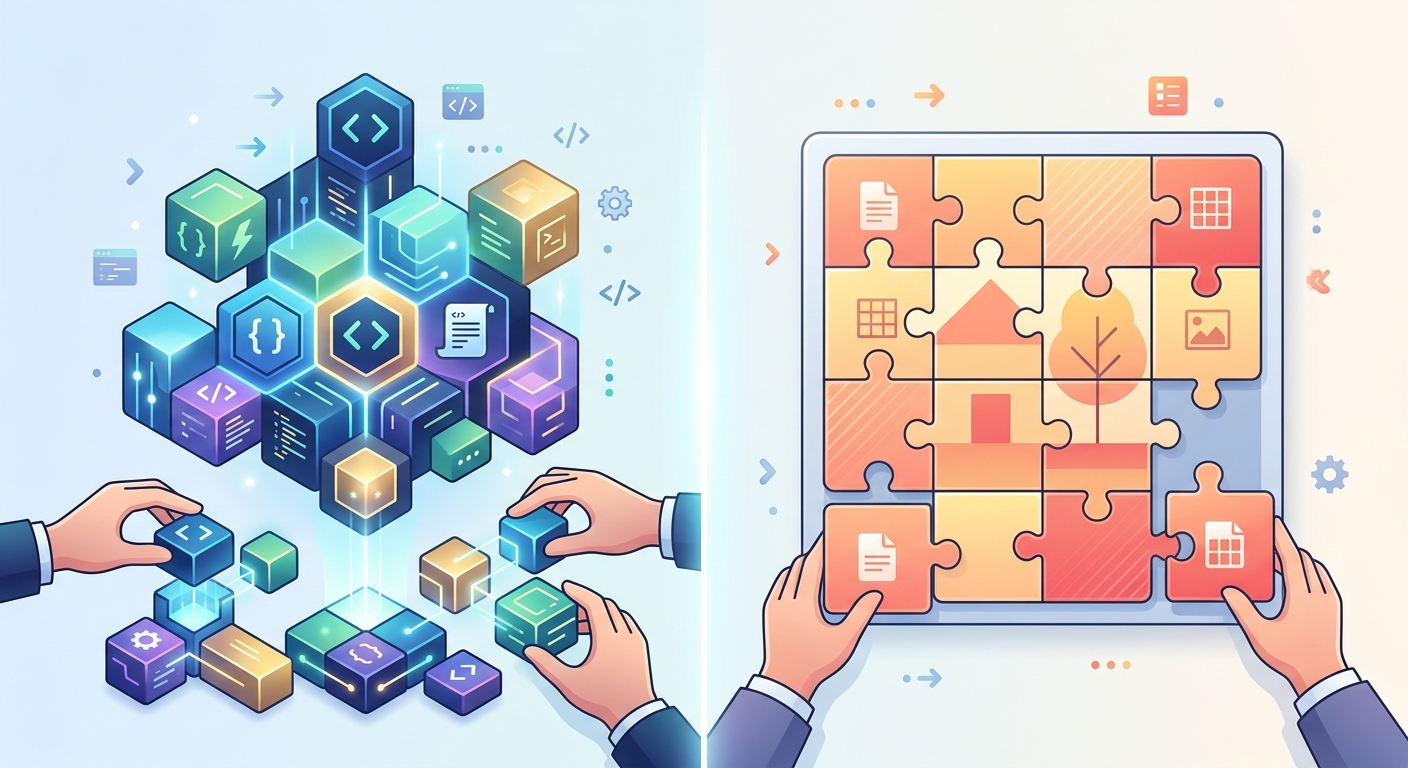 abstract comparison between custom coding blocks and simple template puzzles