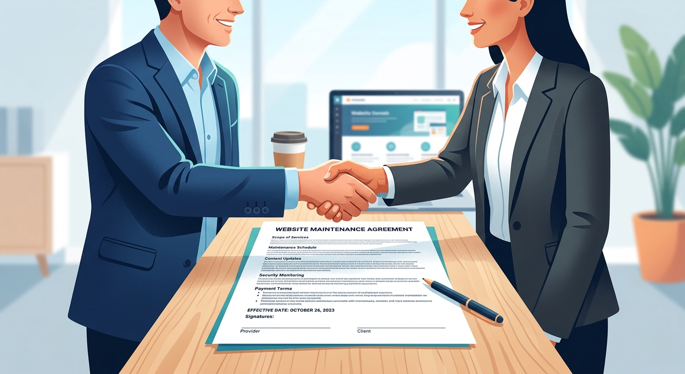 business handshake over a detailed website maintenance contract document