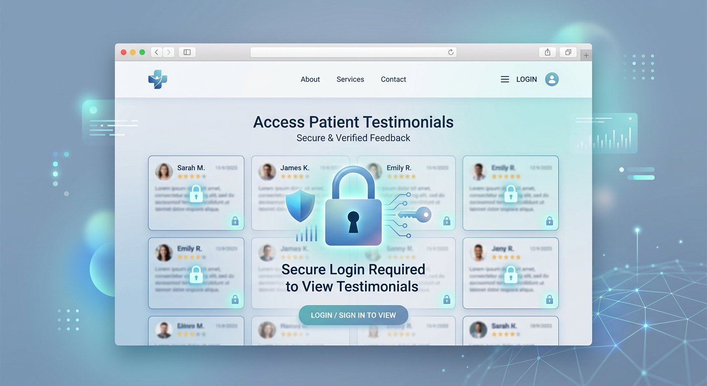 A clean web design interface showing patient testimonials securely locked behind a digital padlock icon indicating login requirements