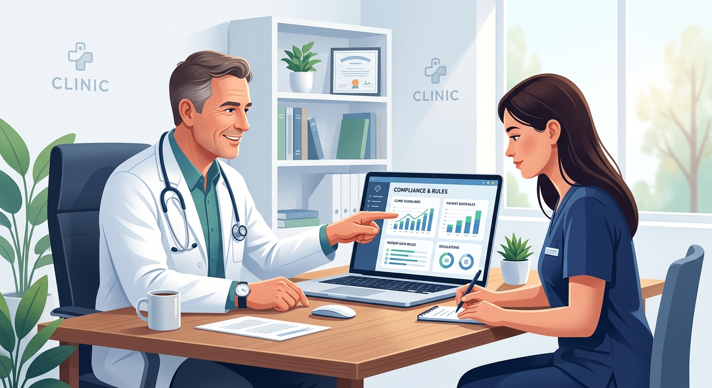 A doctor sitting at a desk pointing at a laptop screen explaining medical compliance and website rules to a clinic staff member