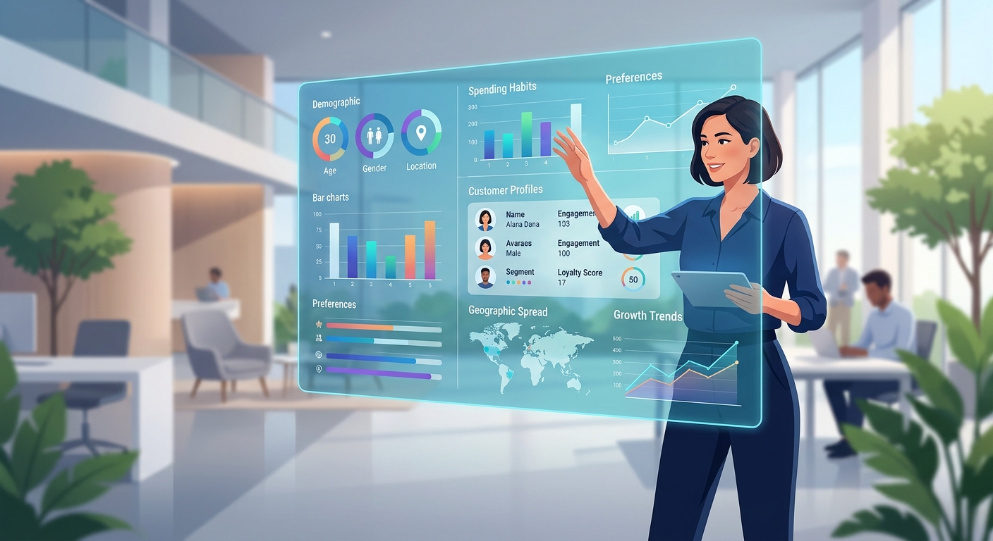 A person analyzing customer profiles and demographic data on a clear digital interface