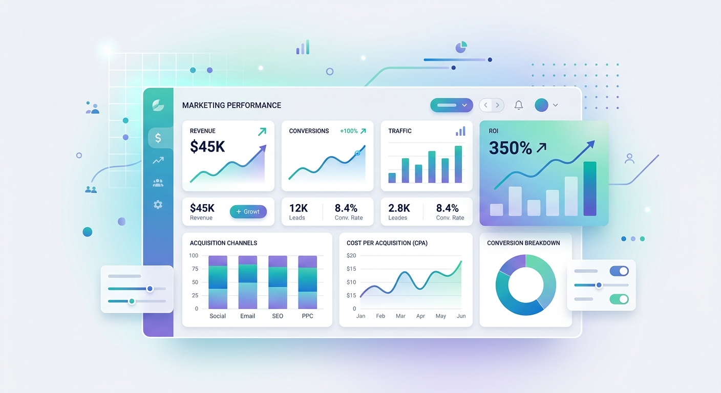 A dashboard showing marketing performance metrics, ROI graphs, and analytics tools